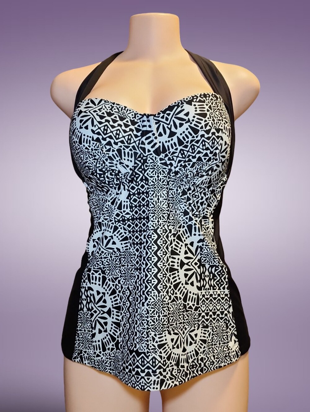 Catalina Black White Geometric Halter Tankini Top Womens XL 16-18 Lined